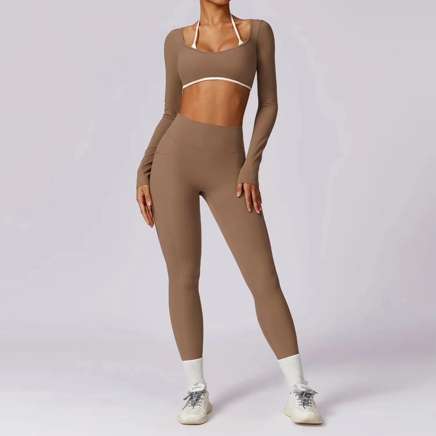 Ensemble de Yoga 2 pièces pour femmes, vêtements d'entraînement Push Up, vêtements de sport, Legging de gymnastique, soutien-gorge de Fitness, haut court, combinaisons de sport à manches longues