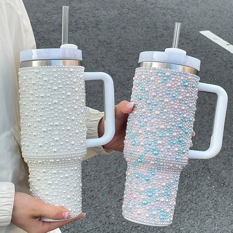 Gobelet isolé sous vide en acier inoxydable de 40oz avec perles et strass, porte-gobelet de voiture à large poignée Compatible