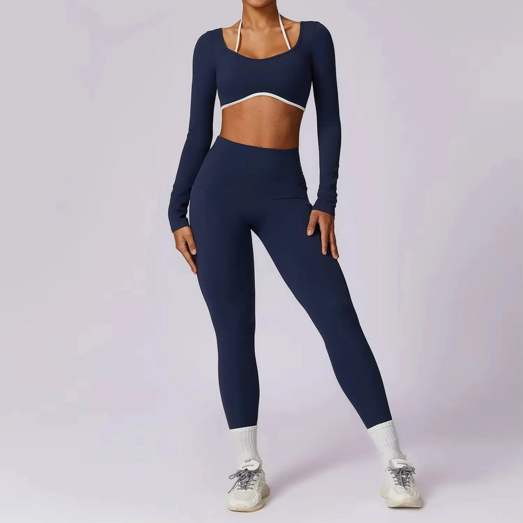 Ensemble de Yoga 2 pièces pour femmes, vêtements d'entraînement Push Up, vêtements de sport, Legging de gymnastique, soutien-gorge de Fitness, haut court, combinaisons de sport à manches longues