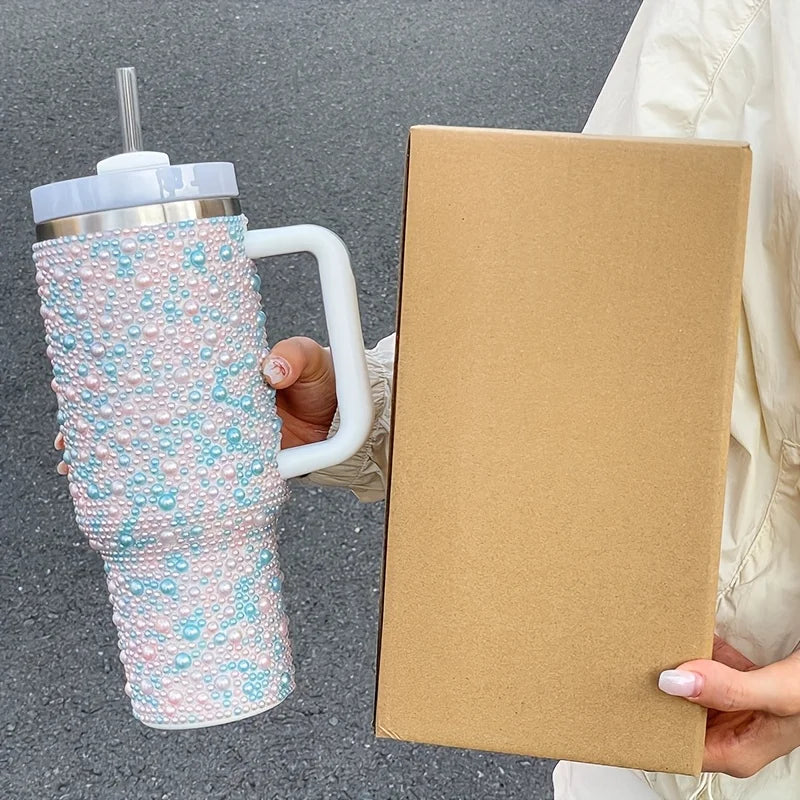 Gobelet isolé sous vide en acier inoxydable de 40oz avec perles et strass, porte-gobelet de voiture à large poignée Compatible