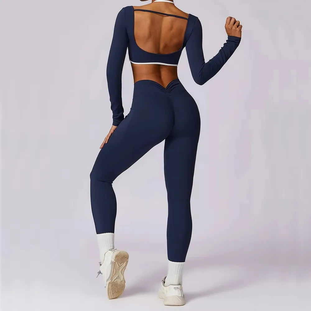 Ensemble de Yoga 2 pièces pour femmes, vêtements d'entraînement Push Up, vêtements de sport, Legging de gymnastique, soutien-gorge de Fitness, haut court, combinaisons de sport à manches longues