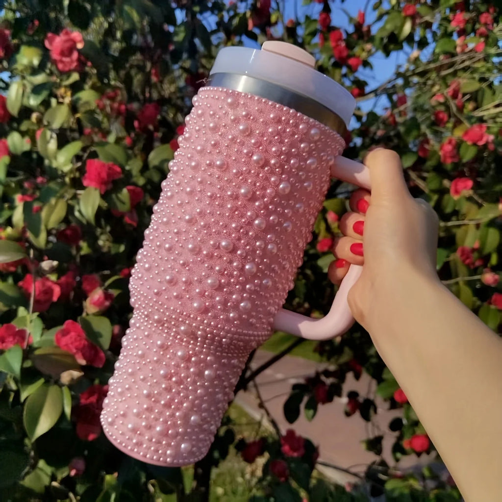Gobelet isolé sous vide en acier inoxydable de 40oz avec perles et strass, porte-gobelet de voiture à large poignée Compatible