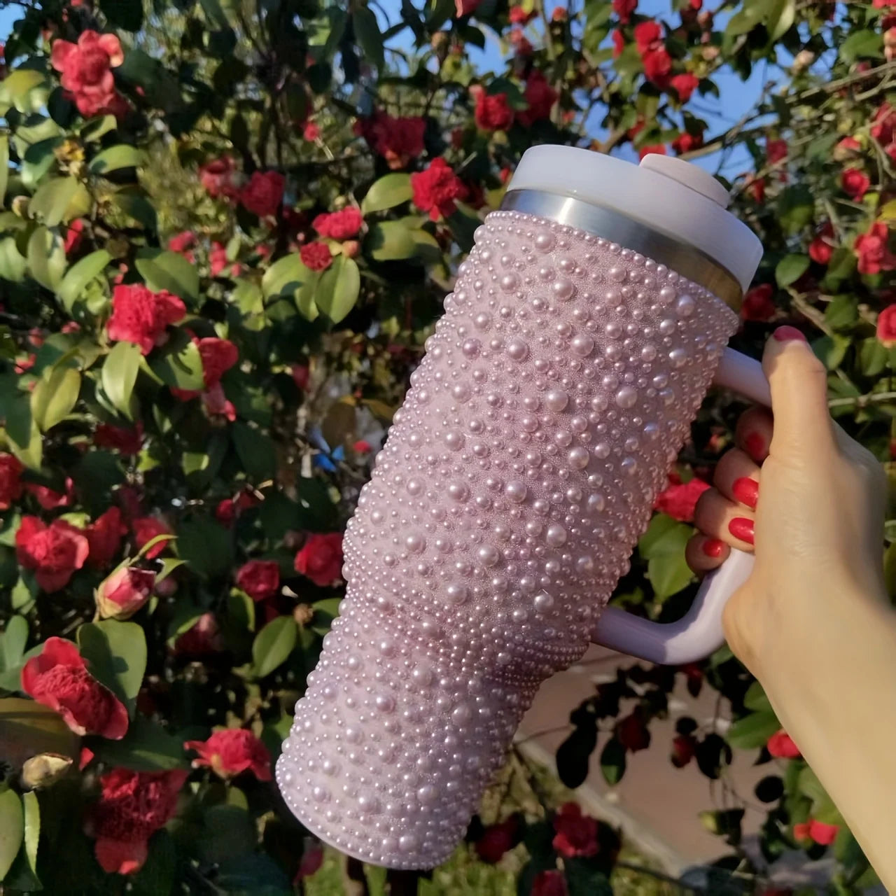 Gobelet isolé sous vide en acier inoxydable de 40oz avec perles et strass, porte-gobelet de voiture à large poignée Compatible