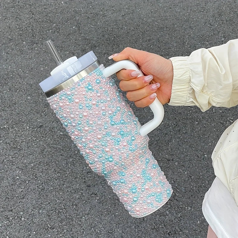 Gobelet isolé sous vide en acier inoxydable de 40oz avec perles et strass, porte-gobelet de voiture à large poignée Compatible