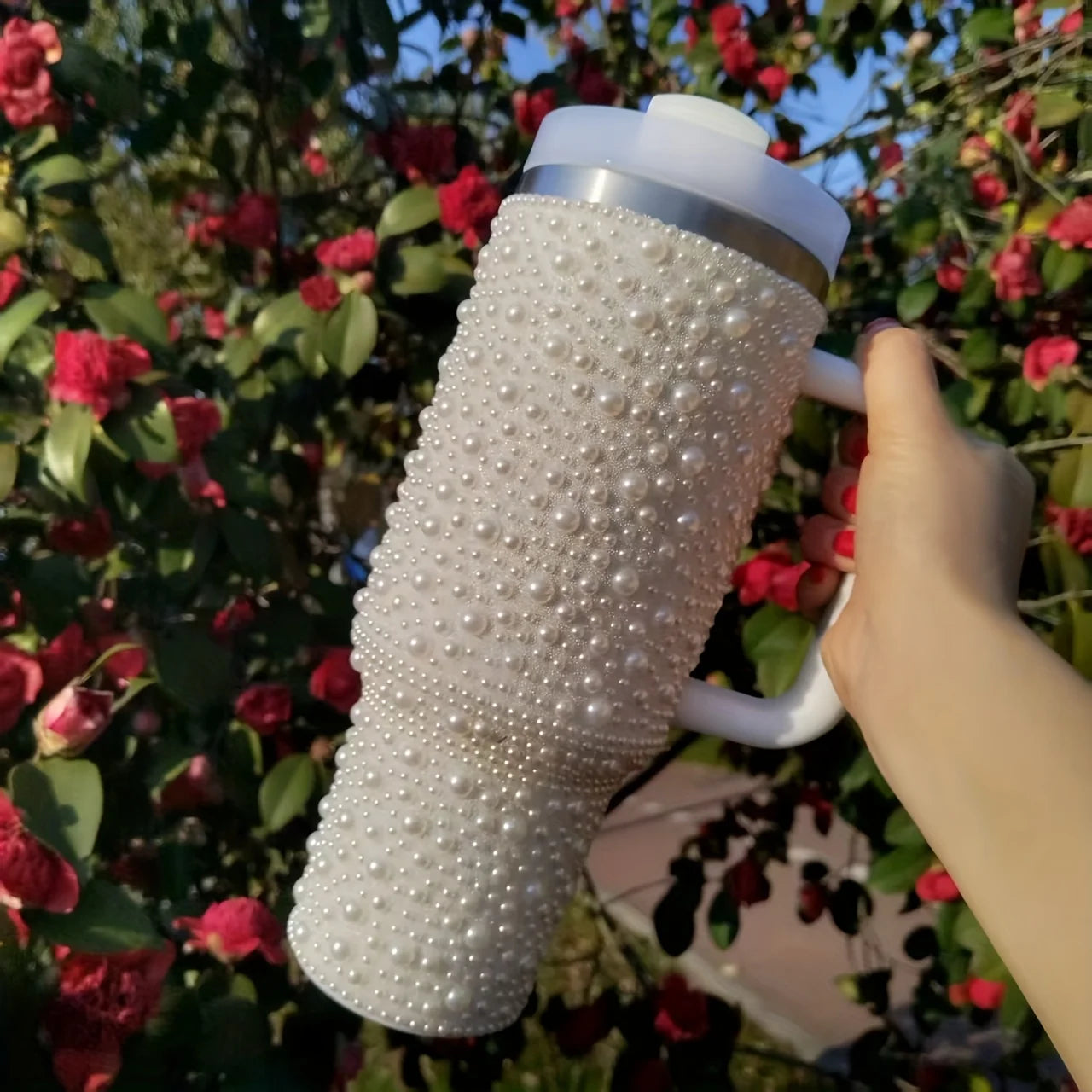 Gobelet isolé sous vide en acier inoxydable de 40oz avec perles et strass, porte-gobelet de voiture à large poignée Compatible