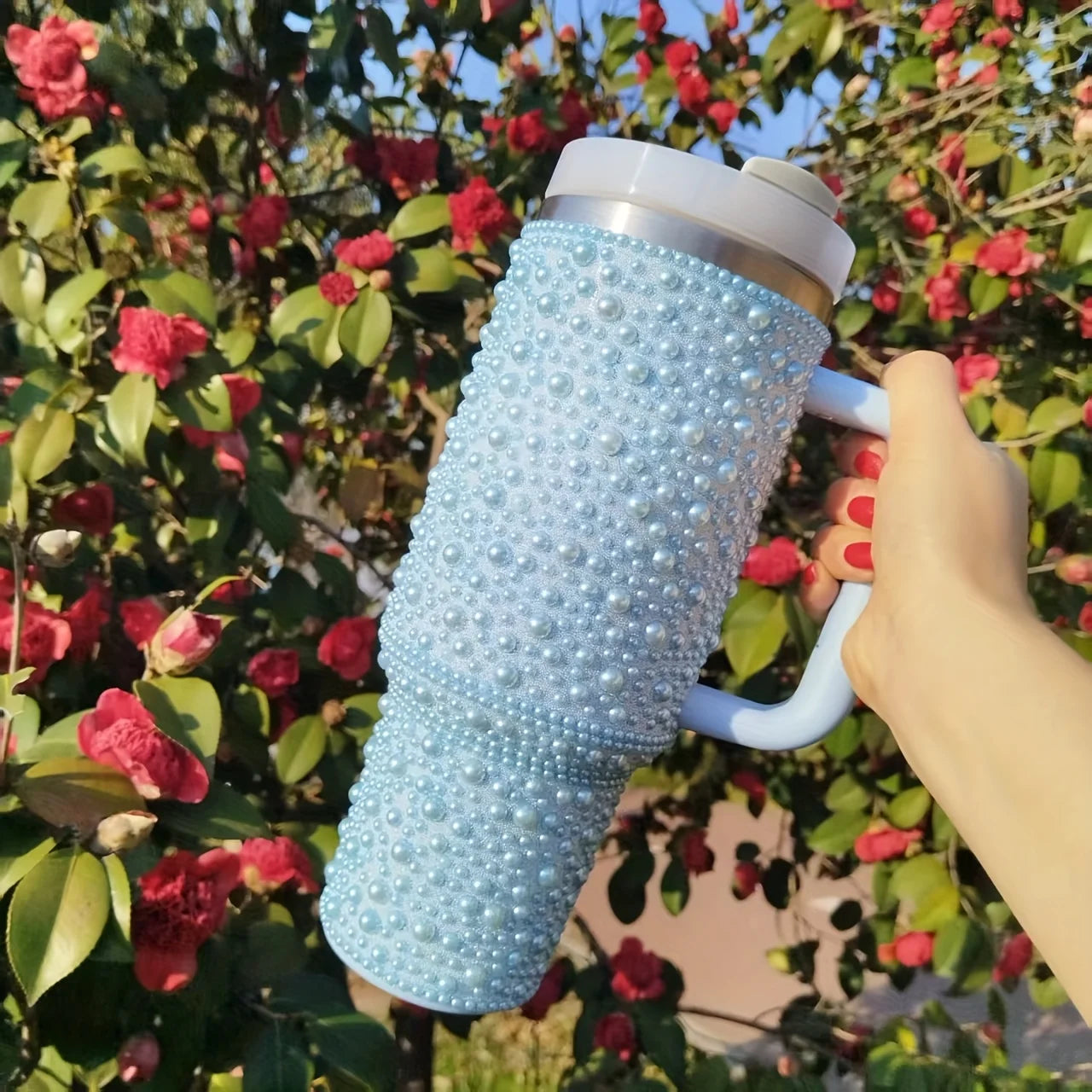 Gobelet isolé sous vide en acier inoxydable de 40oz avec perles et strass, porte-gobelet de voiture à large poignée Compatible