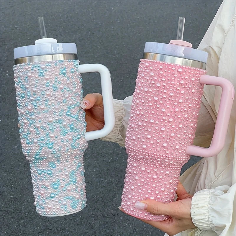Gobelet isolé sous vide en acier inoxydable de 40oz avec perles et strass, porte-gobelet de voiture à large poignée Compatible