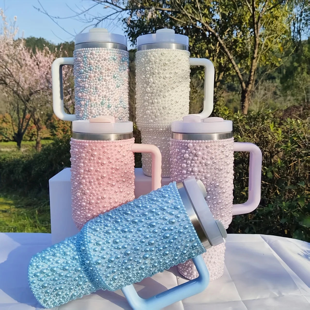 Gobelet isolé sous vide en acier inoxydable de 40oz avec perles et strass, porte-gobelet de voiture à large poignée Compatible